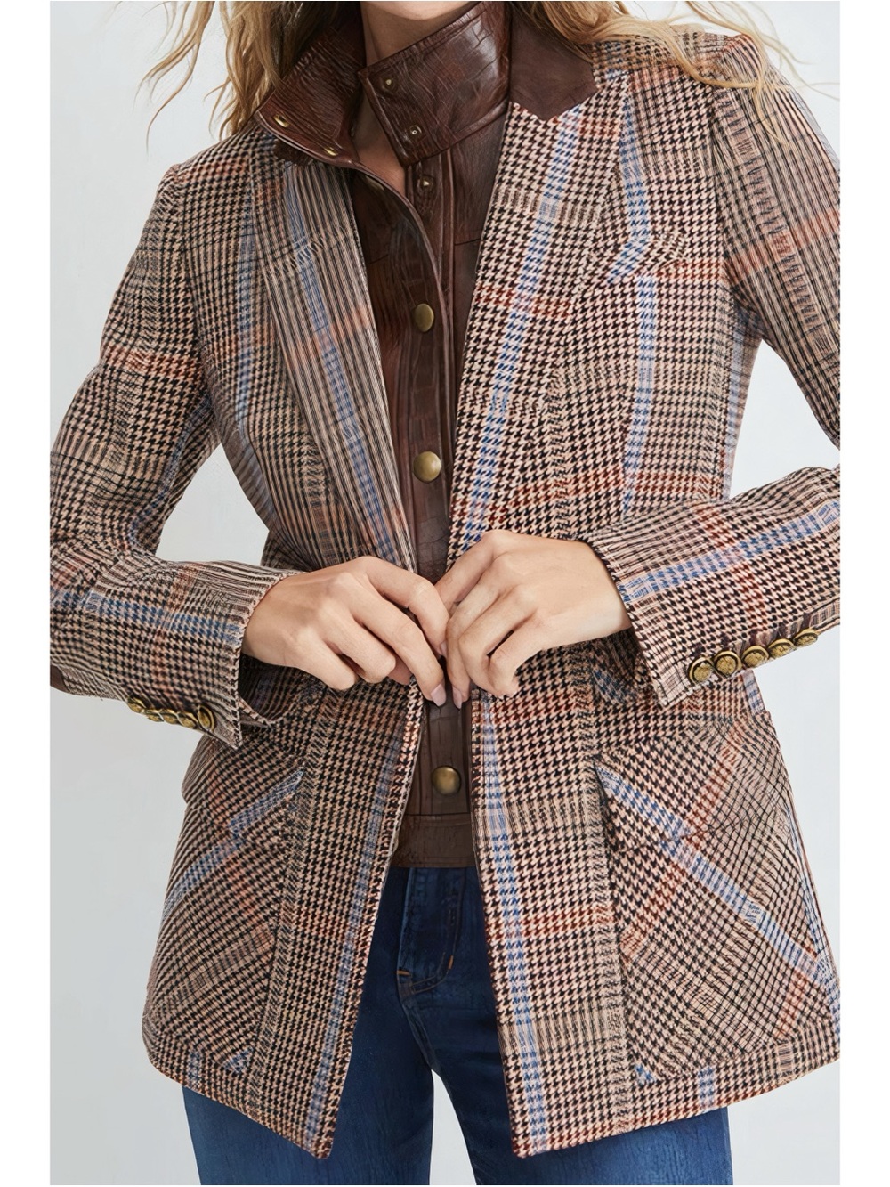 Veronica Beard Dickey Houndstooth Plaid Destry Suede-Patch Blazer Jacket - Picture 2 of 6